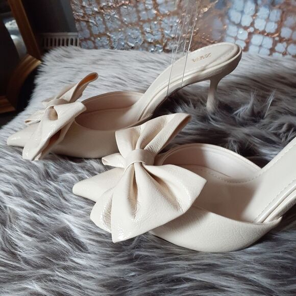 Nwot Zara Cream Bow Detail Women's Heels - Picture 8 of 13